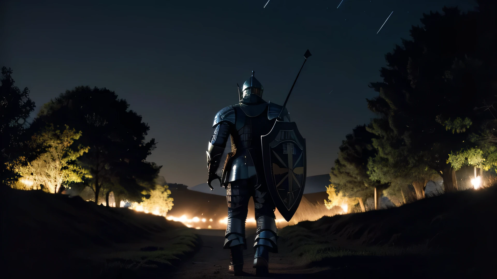 black knight with a shield facing an army alone, full body, ((back view)), distant take, night scene, dark path.