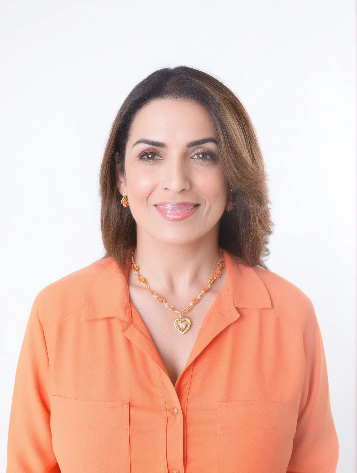 smiling woman in orange shirt with necklace and gold necklace, magda torres gurza, farida malik, lorena avarez, fernanda suarez, brush pile, Julia Fontes, carla ortiz, alanis guillen, valentine shuffle, Estefânia Villegas Burgos, pilar, mina petrovic, carola rubio, Portrait photo