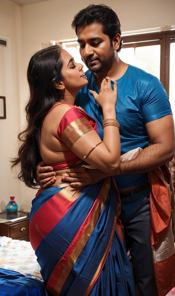 a  50-year-old shirtless man  affectionately hugging and kissing aradiant, full-figured South Indian plus-sized 30 year old teacher wearing a off white silky saree in  dressing room, captured in a full-body image with vibrant hues and meticulous details. Full body image