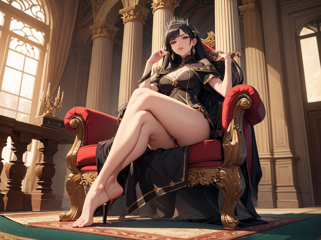 a haughty woman sits on an upholstered armchair, her posture exuding an air of unquestionable superiority. she stretches out one leg, leaving her bare foot exposed for all to see. a look of contempt, like that of a disdainful queen with icy indifference. her eyes convey a clear message: she knows she reigns at the top of the social hierarchy and demands recognition of her greatness. in the low-angle foreground, the foot with its 5 toes is offered with admiration mixed with desire and devotion. Foot fetishism takes on an almost sacred dimension in her presence. Her foot, displayed as an object of supreme desire, becomes a symbol of power and domination. In this haughty posture, she embodies the very essence of power and domination, reigning as uncontested mistress over her realm of desires and fantasies, offering her foot as an object of veneration and submission. And thanks to the low-angle effect, the view of the haughty woman's feet further accentuates her imposing domination and disdainful attitude, intensifying the contrast between her perceived grandeur and those who gaze at her with respect and fascination.