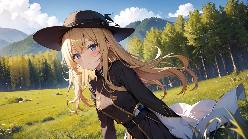 Wide grassland、girl with flaxen hair、Fantasy、alone