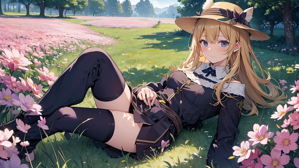 Wide grassland、girl with flaxen hair、Fantasy、alone