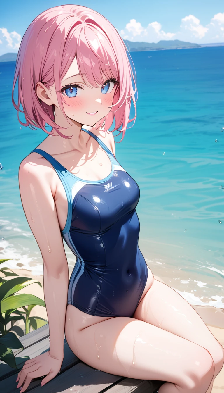 (1 girl),(Best Picture Quality, 8K, Masterpiece:1.3), (high school student:1.5), ((pink lob hair:1.1)), (bob cut),(swept bangs), (cute eyes, pupil black, iris skyblue, youthful face), (mole under right eye), (standard weight), (small breasts), (glistening skin:1.1),(pale skin:1.2),(one-piece swimsuit),(seaside),((Nymphet fashion:1.3)),(wet:1.1),((summer scene:1.2)),(magnificent view),(overlooking),(Smile).