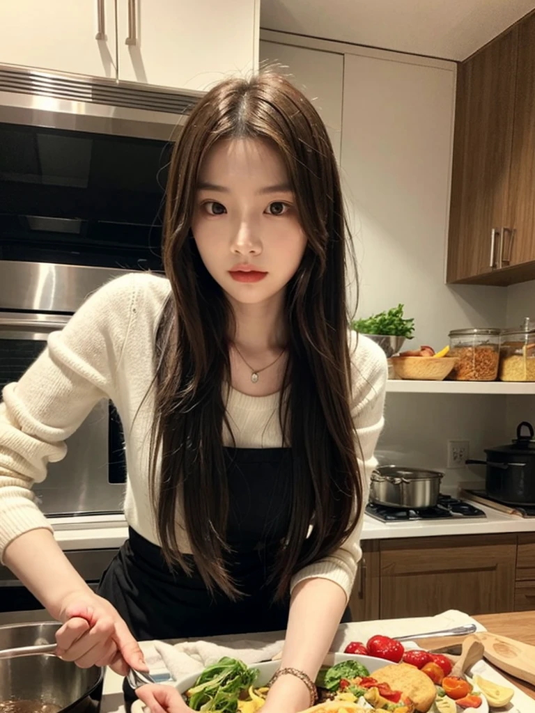Bae Suzy, Cooking in the kitchen, perfect face, ultra HD, realistic.