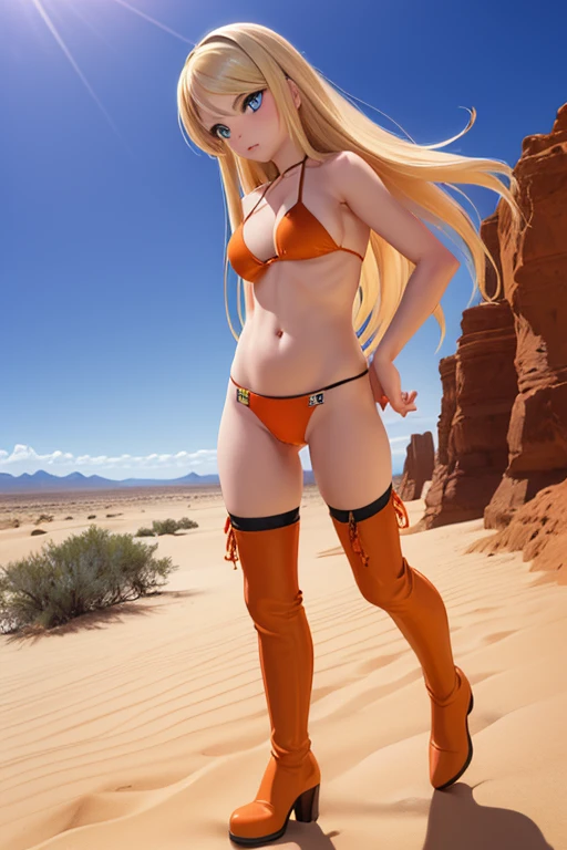 Perfect Anatomy Highest quality,Highest Resolution,(((Dark orange bikini Thigh-high boots))) Metal Max 2:Reloaded Mishka Blonde long hair Blue Eyes D Cup 20-year-old end of the century desert athletic Warrior cool desert wilderness