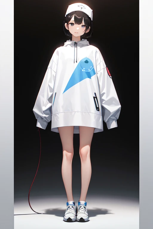 Big Studio、The light is from the front、Stylish 20 year old girl、The whole body is depicted、The clothes are trendy now、Wearing sporty clothes、The color is white with very light blue stripes.、Shoes are white sneakers、Wearing a white cap、Short Hair、Cartoonish depiction、Demon Slayer-like depiction、Image courtesy of TikTok