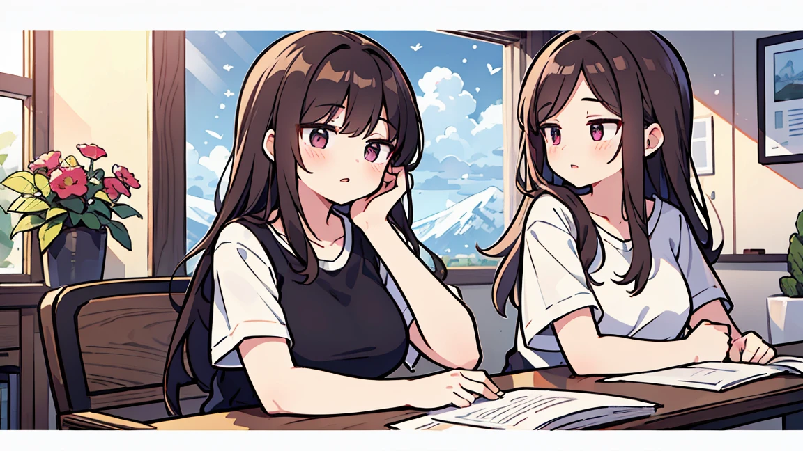 (masterpiece, best quality),2 women, different hair colors, different faces, flower, long hair, outdoors, letterboxed, , afternoon, sky, looking for, short sleeve, chapped lips, cloud, black hair, sunlight, casual attire, angel, whole body, 측면 3x zoom out, pink flower, treasury, brown hair, blue sky ,Huge snow-capped mountain outside the window, In a spacious café, study at desk,My eyes are on the note, together, stylish outfit, 3x zoom out