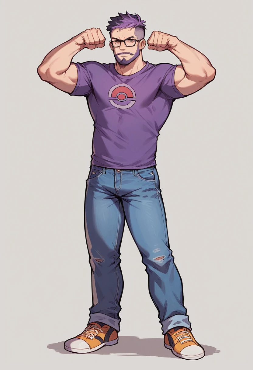 Pokémon male trainer, short hair, fade haircut, glasses, posing, cool pose, standing, fullbody, short beard, wearing jeans, wearing Violet and purple shirt,  