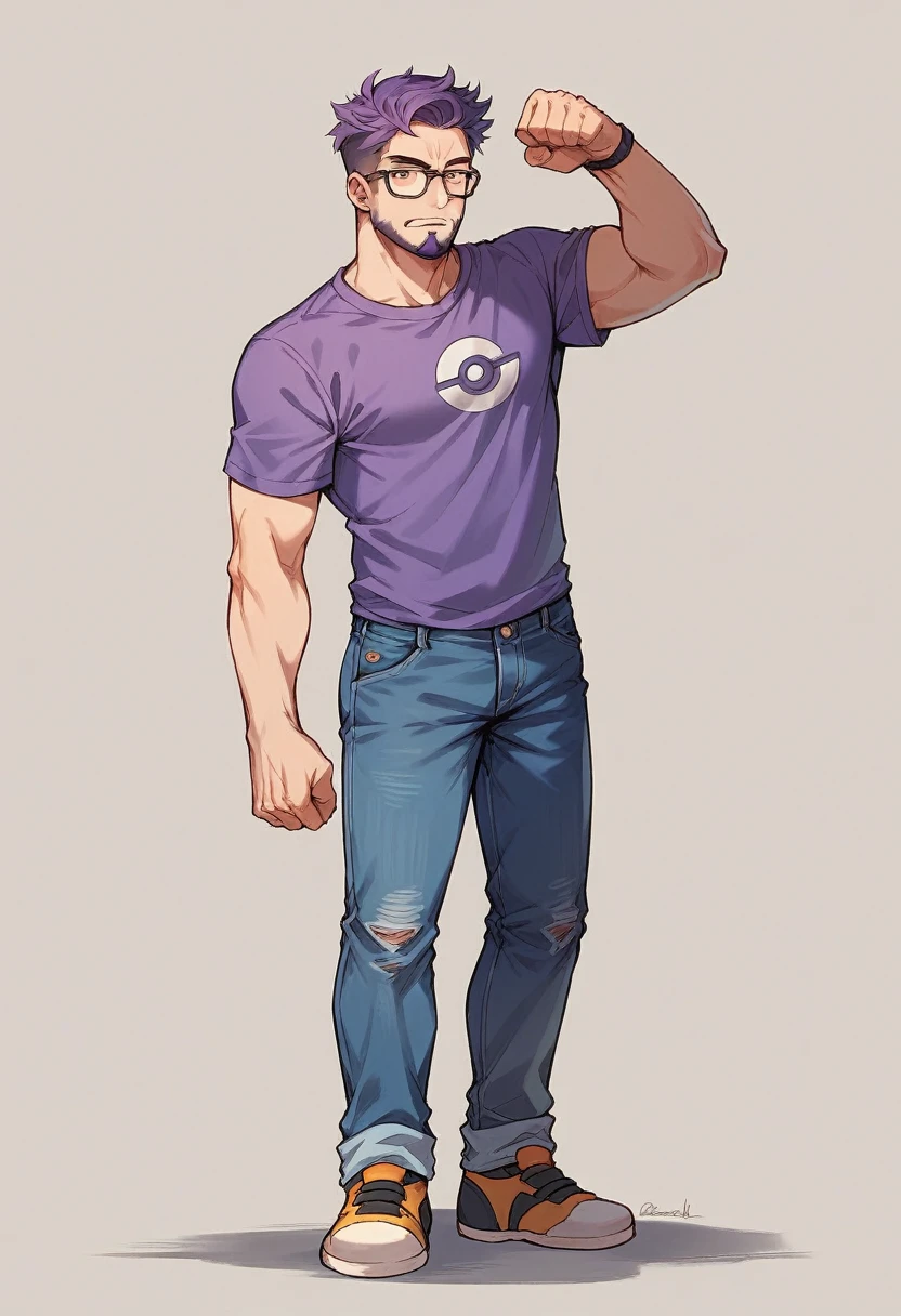 Pokémon male trainer, short hair, fade haircut, glasses, posing, cool pose, standing, fullbody, short beard, wearing jeans, wearing Violet and purple shirt,