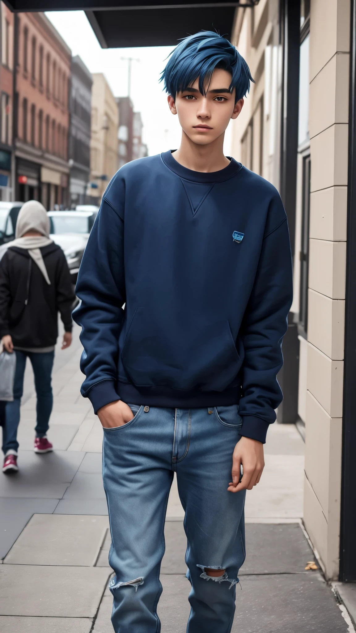 18 year old man, short blue hair, thin, wears a sweatshirt and jeans, he has days of beard