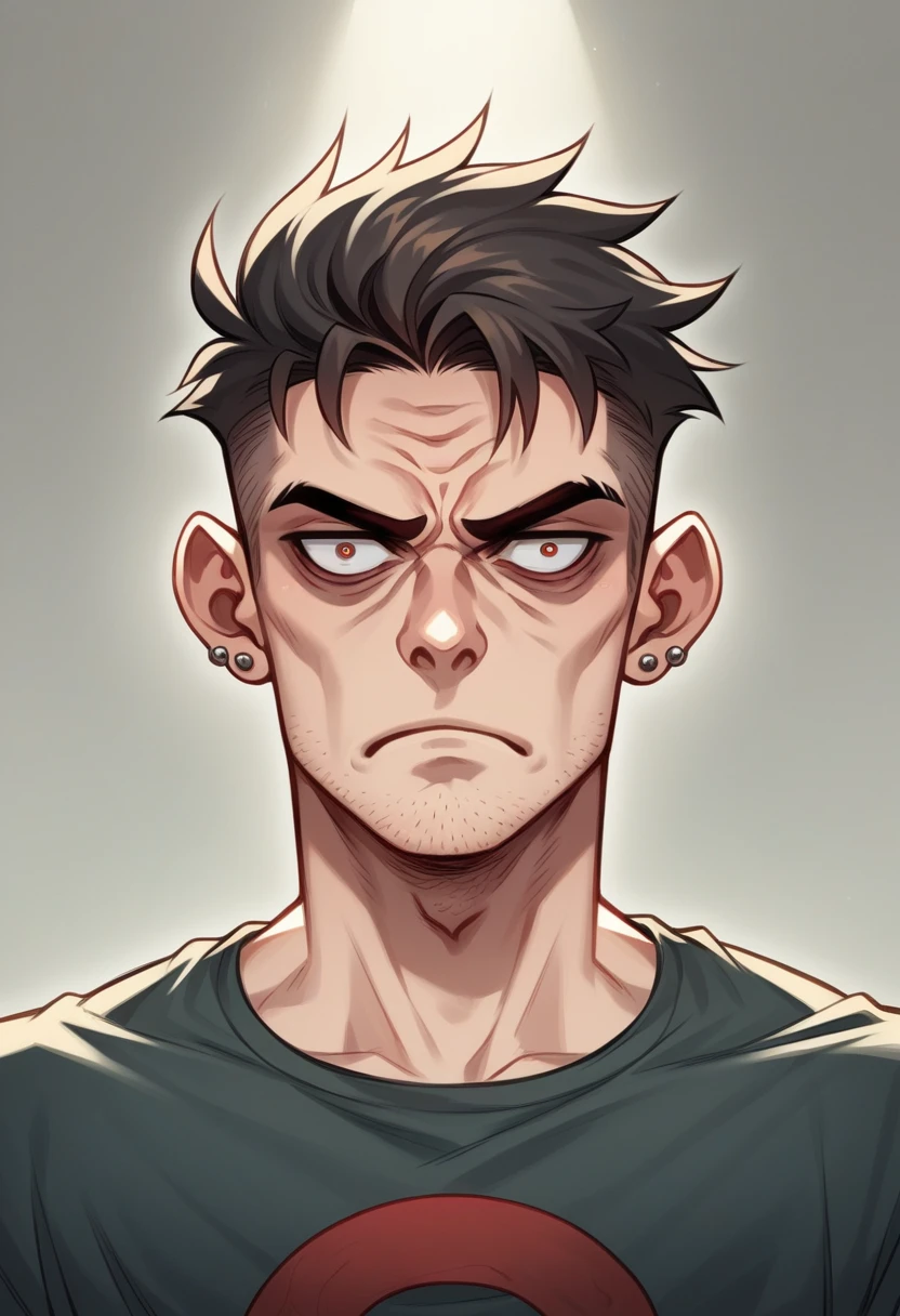 (best quality,highres),edgy portrait, young adult male, criminal, intense stare, dark lighting, grimey background, baggy clothing, rugged look, piercing eyes, chiseled jawline, stubble, rebellious attitude, depressed, traumatized