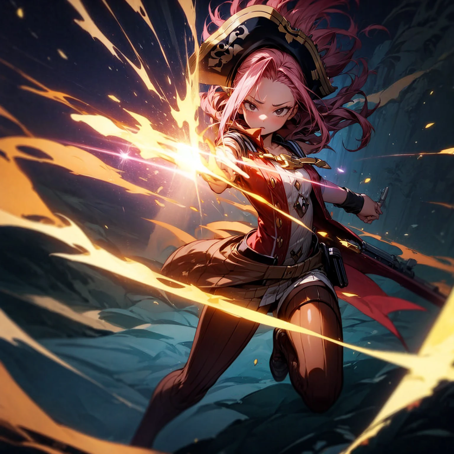 1girl, Full body version, 1character, girl version, black eyes, long Curly haircut, pink colour hair, ancient pirate style clothing, red colour clothing, Grassroots, background in the ship, motion blur, (pokemon style), standing gesture, pirate hat, motion blur, plasma effect, lighting revolver, fire revolver, fire, smoke revolver, smoke effect, aura effect, lighting, high angle view 