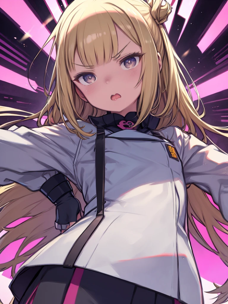 1girl, solo, physical therapist outfit , bangs,happy,posing, multicolored hair, doctors office background , (masterpiece:1.2), highres, best quality, 8k, star-shaped pupils in left eye, blonde hair, long hair, pink eyes, blonde, bangs,happy,posing, multicolored hair, t shirt, long tight pants, physical therapist outfit, doctors outfit, confident face,