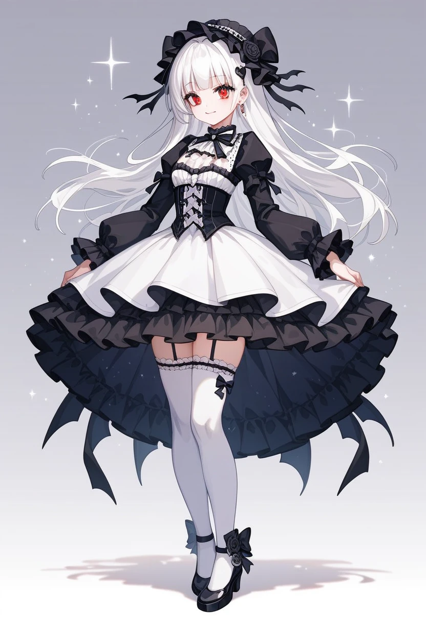 masterpiece, top-quality, masterpiece, top-quality,ighly detailed,{top-quality}, {{masterpiece}}, {hight resolution},original, {extremely delicate and beautiful},masterpiece, top-quality,ighly detailed,{top-quality},white hair, gothic ta, full body, standing, white thighhighs, short dress, black dress,white dress, multi colored dress,