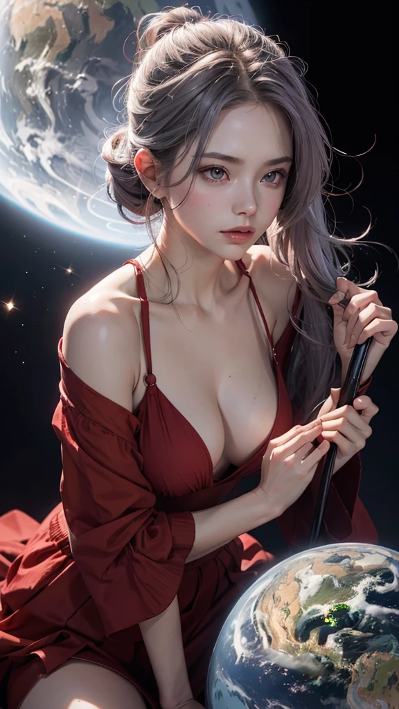 whole body,Girl,universe,Ultra delicate,(Highest quality,High resolution,Realistic:1.37), Red clothes, Gray Hair, Gray Hairの魔女, Injured,(Sword in hand), Calm, beautiful, ((expressive movement)),It is surrounded by many orbiting planets with intricate Shadow planetary decorations., Studio Lighting, Dark Background,Light,Simple and clean,Light and ,