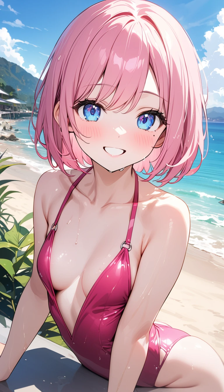 (1 girl),(Best Picture Quality, 8K, Masterpiece:1.3), (high school student:1.5), ((pink lob hair:1.1)), (bob cut),(swept bangs), (cute eyes, pupil black, iris skyblue, youthful face), (mole under right eye), (standard weight), (small breasts), (glistening skin:1.1),(pale skin:1.2),(plunging swimsuit),(seaside),((Nymphet fashion:1.3)),(wet:1.1),((summer scene:1.2)),(magnificent view),(overlooking),(Smile).