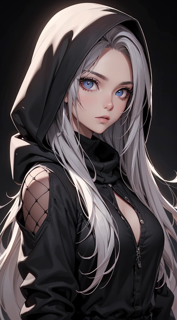 White elf girl, dark grey hair color, very long flowing hair, grey eye color, small eyes, round eye shape, eyeliner, realistic face shape. black shirt, portrait, wearing a black hood, black background, Depth of Field. looking at camera, dreamy look detailed eyes, detailed face, detailed skin, Ultra Detailed, Beautiful and Aesthetic, Masterpiece, Best Quality, shoulders showing. fish net fabric, round chin shape. wearing black hood over hair. showing full upper body and face. wearing a black hood, alot of flairs in background, zoomed out, black and white. glowing,