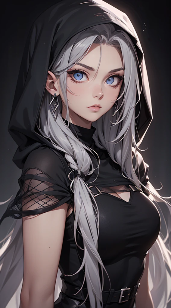 White elf girl, dark grey hair color, very long flowing hair, grey eye color, small eyes, round eye shape, eyeliner, realistic face shape. black shirt, portrait, wearing a black hood, black background, Depth of Field. looking at camera, dreamy look detailed eyes, detailed face, detailed skin, Ultra Detailed, Beautiful and Aesthetic, Masterpiece, Best Quality, shoulders showing. fish net fabric, round chin shape. wearing black hood over hair. showing full upper body and face. wearing a black hood, alot of flairs in background, zoomed out, black and white. glowing,