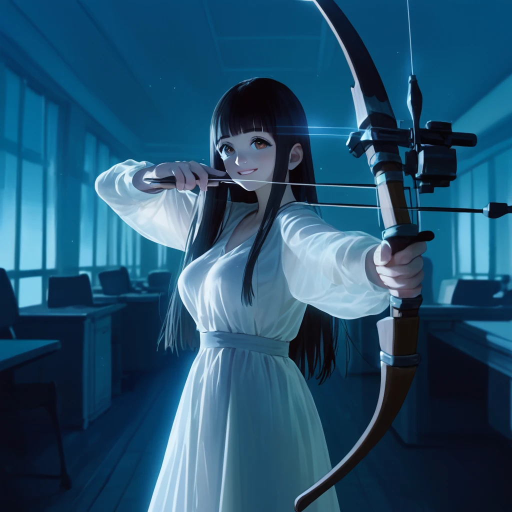 score_9,score_8_up,score_7_up,masterpiece,best quality, source anime, realistic, super detailed, extreme detailed, rating_safe,
1girl, standing, yumi \(weapon\), holding bow \(weapon\), drawing yumi, archery, Aiming with a bow at the target,
BREAK girl, 22yo, short hair, bob cut, (blunt bangs), black hair, (tareme, detailed cute brown eyes), curled eyelashes, (large breasts:0.9),
shiny hair, beautiful detailed eyes, beautiful face,
slender, small ass, slim legs,
white long dress, (see through:1.1), smile, entire body is luminescent blue-white, office, night, huge picture frame,