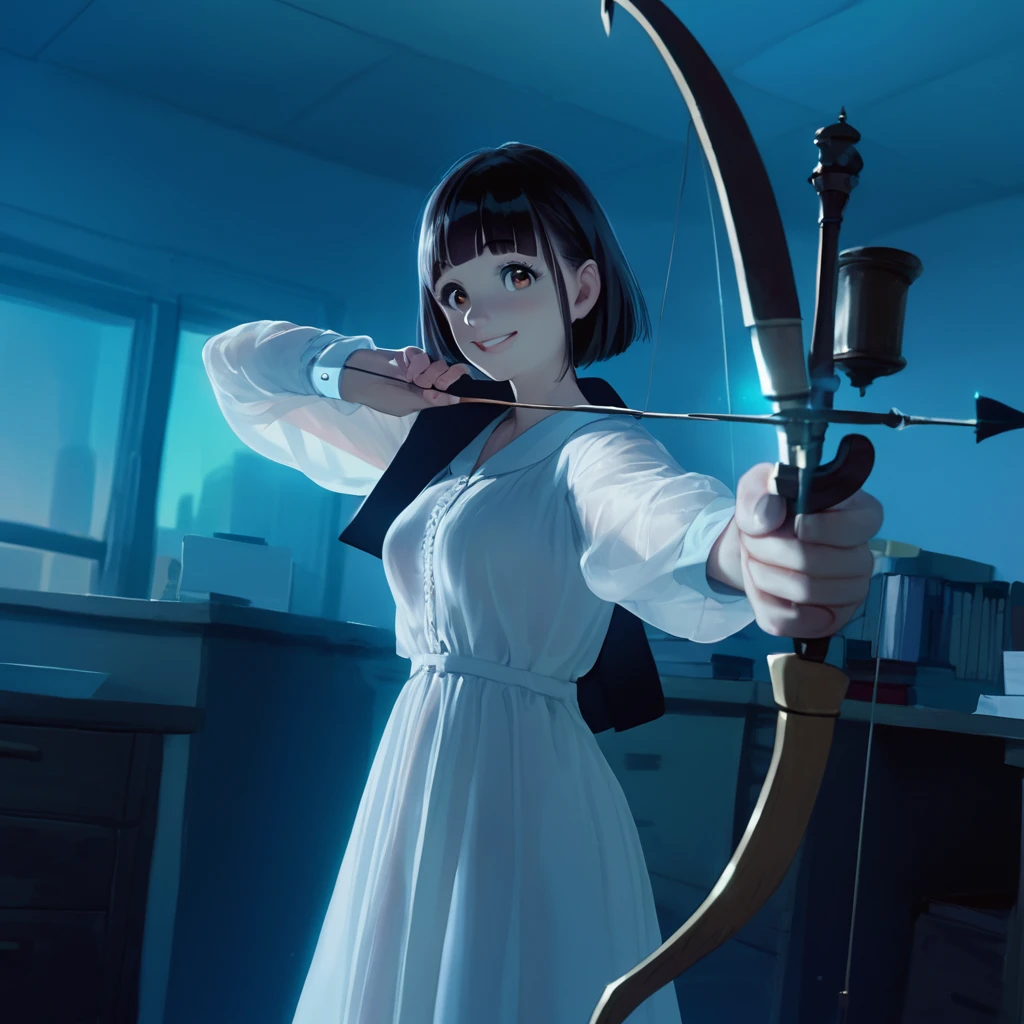 score_9,score_8_up,score_7_up,masterpiece,best quality, source anime, realistic, super detailed, extreme detailed, rating_safe,
1girl, standing, yumi \(weapon\), holding bow \(weapon\), drawing yumi, archery, Aiming with a bow at the target,
BREAK girl, 22yo, short hair, bob cut, (blunt bangs), black hair, (tareme, detailed cute brown eyes), curled eyelashes, (large breasts:0.9),
shiny hair, beautiful detailed eyes, beautiful face,
slender, small ass, slim legs,
white long dress, (see through:1.1), smile, entire body is luminescent blue-white, office, night, huge picture frame,