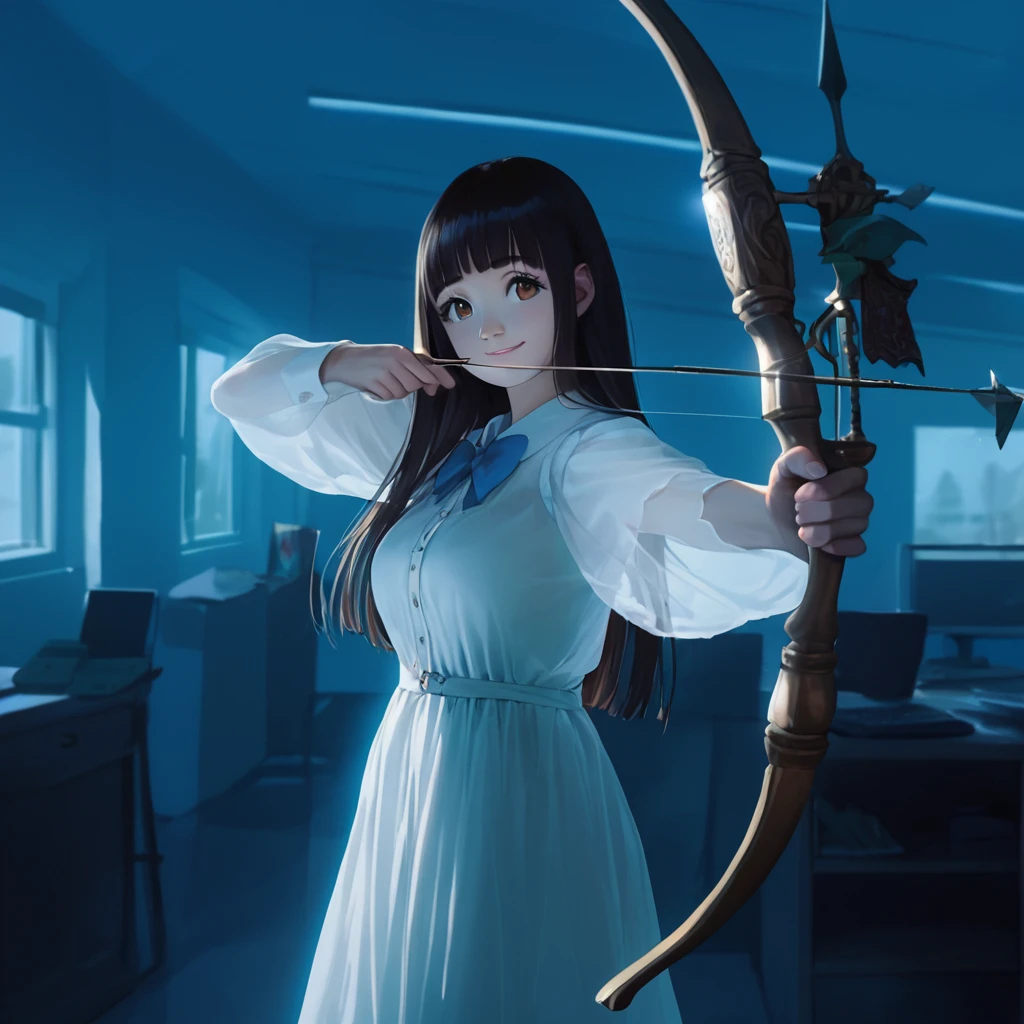score_9,score_8_up,score_7_up,masterpiece,best quality, source anime, realistic, super detailed, extreme detailed, rating_safe,
1girl, standing, yumi \(weapon\), holding bow \(weapon\), drawing yumi, archery, Aiming with a bow at the target,
BREAK girl, 22yo, short hair, bob cut, (blunt bangs), black hair, (tareme, detailed cute brown eyes), curled eyelashes, (large breasts:0.9),
shiny hair, beautiful detailed eyes, beautiful face,
slender, small ass, slim legs,
white long dress, (see through:1.1), smile, entire body is luminescent blue-white, office, night, huge picture frame,