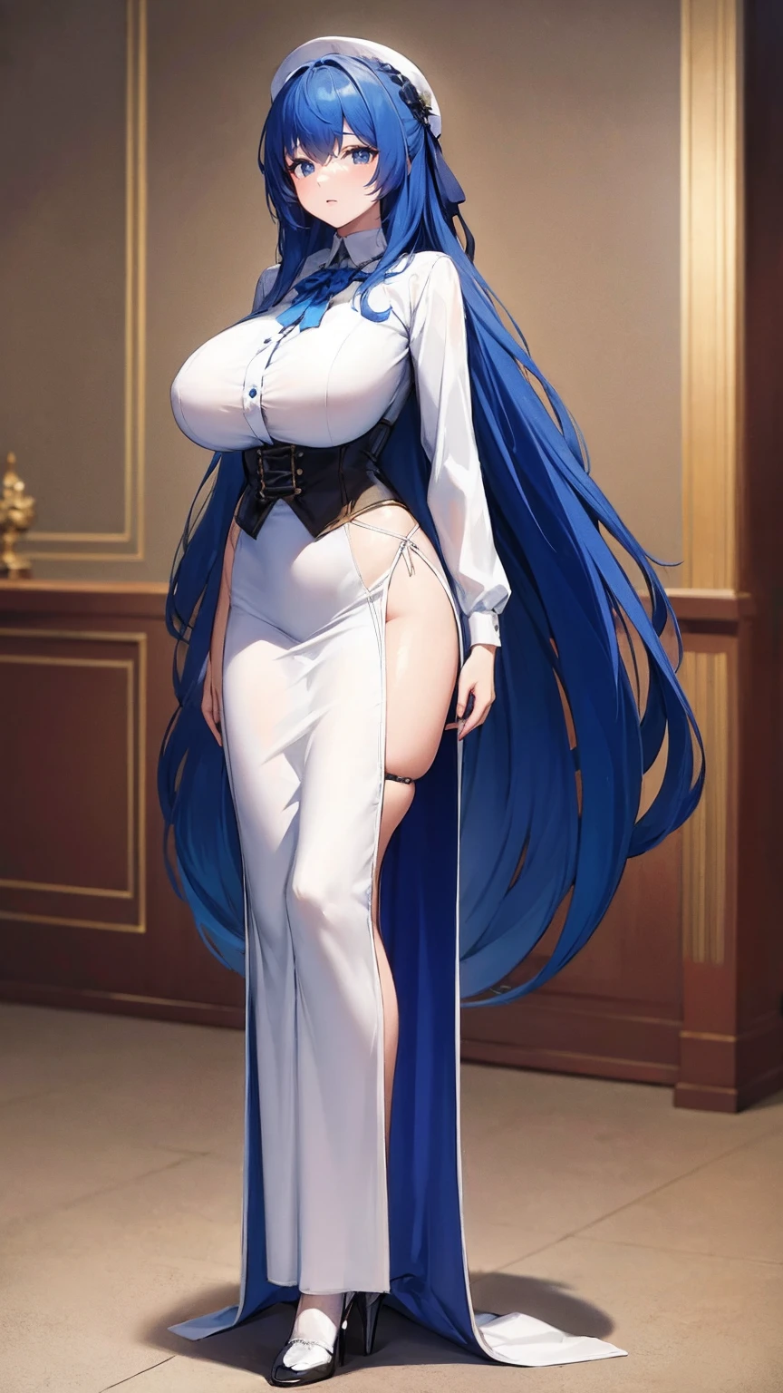 8k, (best quality, masterpiece:1.7), (full body:1.5), (huge breasts:1.2), very long hair, white thighhighs, high heels, (long dress:1.4), corset, garter belts, blue hair, tall girl,