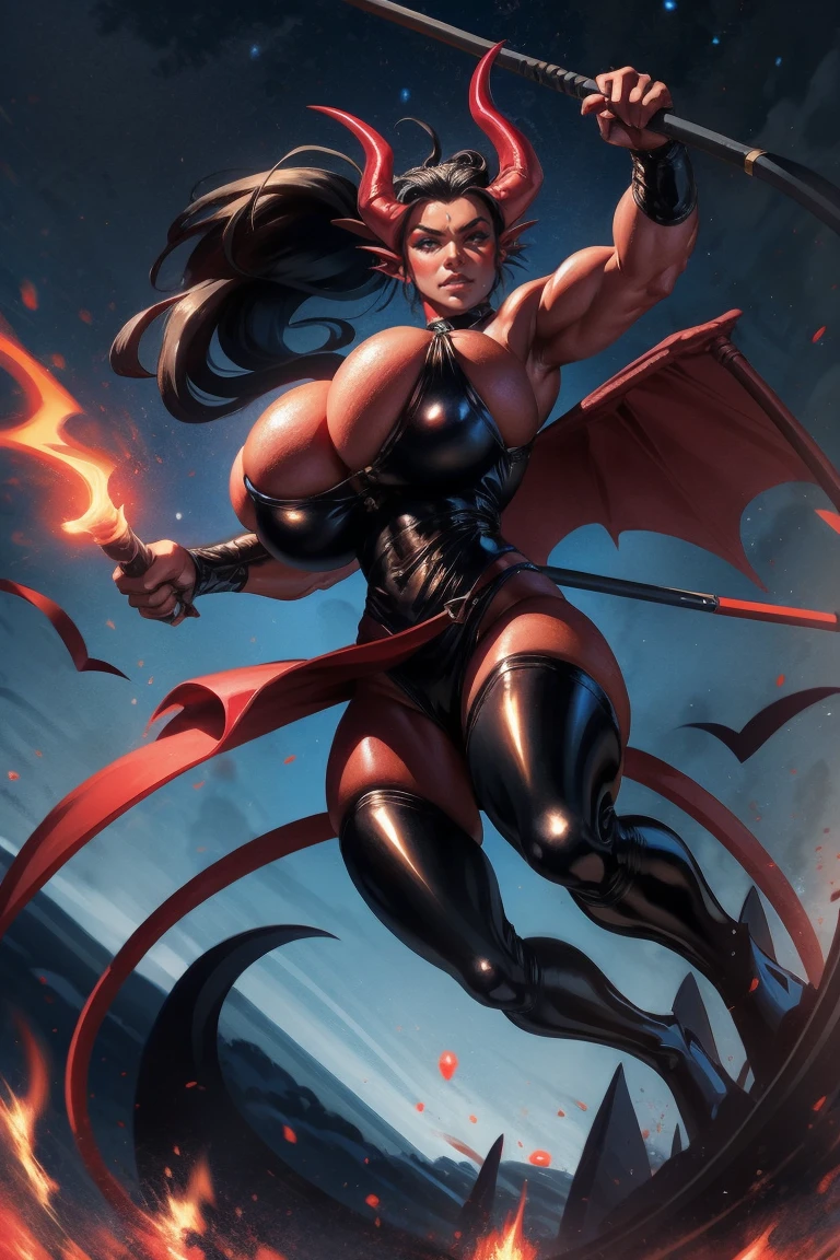 Red skin succubus tiefling, digitigrade legs, full breasts, huge breasts, black horns, wings, huge tail, black leather, sports top, long flowing pelvic curtain, tall, athletic, graceful, thin, long black ponytail. Action scene, whip. Dark scene, explosions, night sky.