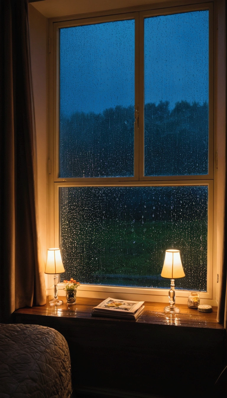 Night view of a room with attention to detail, In the background, Window with raindrops, Cozy atmosphere.