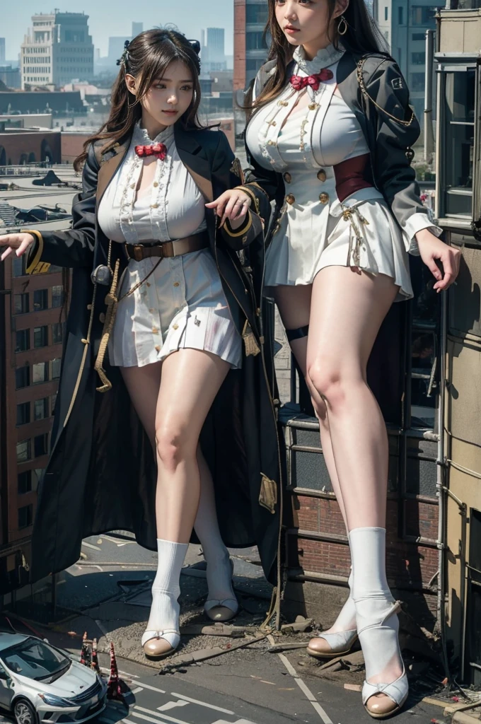 都会の超skyscraperより大きい女の子、Building camera view、steampunk、Standing on top of a ruined building、Big building explosion、The building collapses、Urban hustle and bustle、Traffic jam、City of Rubble、street tree、Car and bus、truck、taxi、City boulevard、Pedestrian bridge、Streetcar route((((Azur Lane Cheshire Cosplay))))、Frilled maid outfit、((Super huge breasts))、((Plump thighs))、Ground View,City of Giants,500 foot tall giant girl,skyscraper,Has super long legs,Step into the crowd,There are many people on the street,Knee-high socks,A happy look,Standing on the ruins,Beautiful appearance,Exquisite makeup,quality,8K,高quality,Perfect Proportions, Cinema Lighting,Film Grain,The Colors of Fuji,8K,Textured skin,Super Detail,High detail,high quality,High resolution,explode,False Smile、Reaching out