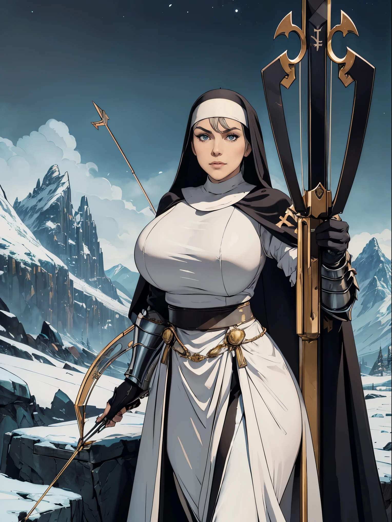 (masterpiece, top quality, best quality, official art, beautiful and aesthetic:1.2), (1girl:1.3), ((Sharp facial features, sharp features, hawkish features)), ((grey eyes)), busty paladin knight girl, extremely detailed, portrait, looking at viewer, solo, (full body:0.6), detailed background, full-body shot, (cold mountain nighttime glacier theme:1.1), holy knight, (nun), charlatan, smirk, mysterious, swaying in mountains, armor, polished metal, gold trim, long boots, white fabric, pelvic curtain, robe, pale leather, ((((nun, crossbow, heavy armor, armored, long legs, robes, prayer scrolls, toned, muscular)))), slim waist, slim hips, long legs, medieval (mountain exterior:1.1) background, dark mysterious lighting, shadows, magical atmosphere, dutch angle
