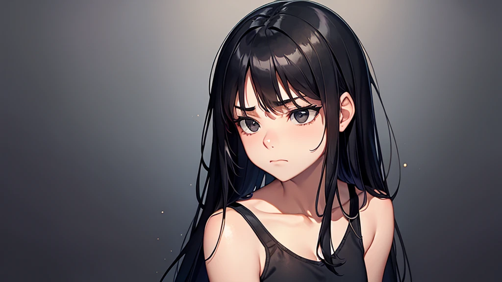 a Beautiful 15 year old woman, black camisole, black background, sad expression, touch of the dramatic, Emphasis on the collarbone,