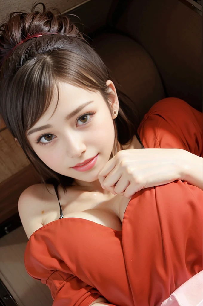 (Japanese Idols, 1 girl, Unparalleled beauty, Seduce, smile, Small face, Perfect Style, Body based on human mechanics, RAWphotograph, Real person:1.4) photograph, (Bright lighting, Professional Lighting), (((Highly detailed face))), ((double eyelid)), (Boobs Sharp Focus:1.4), (Brown Hair, ponytail, light makeup, eyeliner, mascara:1.4), Huge breasts, Beautiful smooth skin, Soft Skin, 20-year-old, ((slender body), (Red one-piece with bare shoulders, I can see her cleavage, Tifa Lockhart:1.4), Attractive face, NSFW,