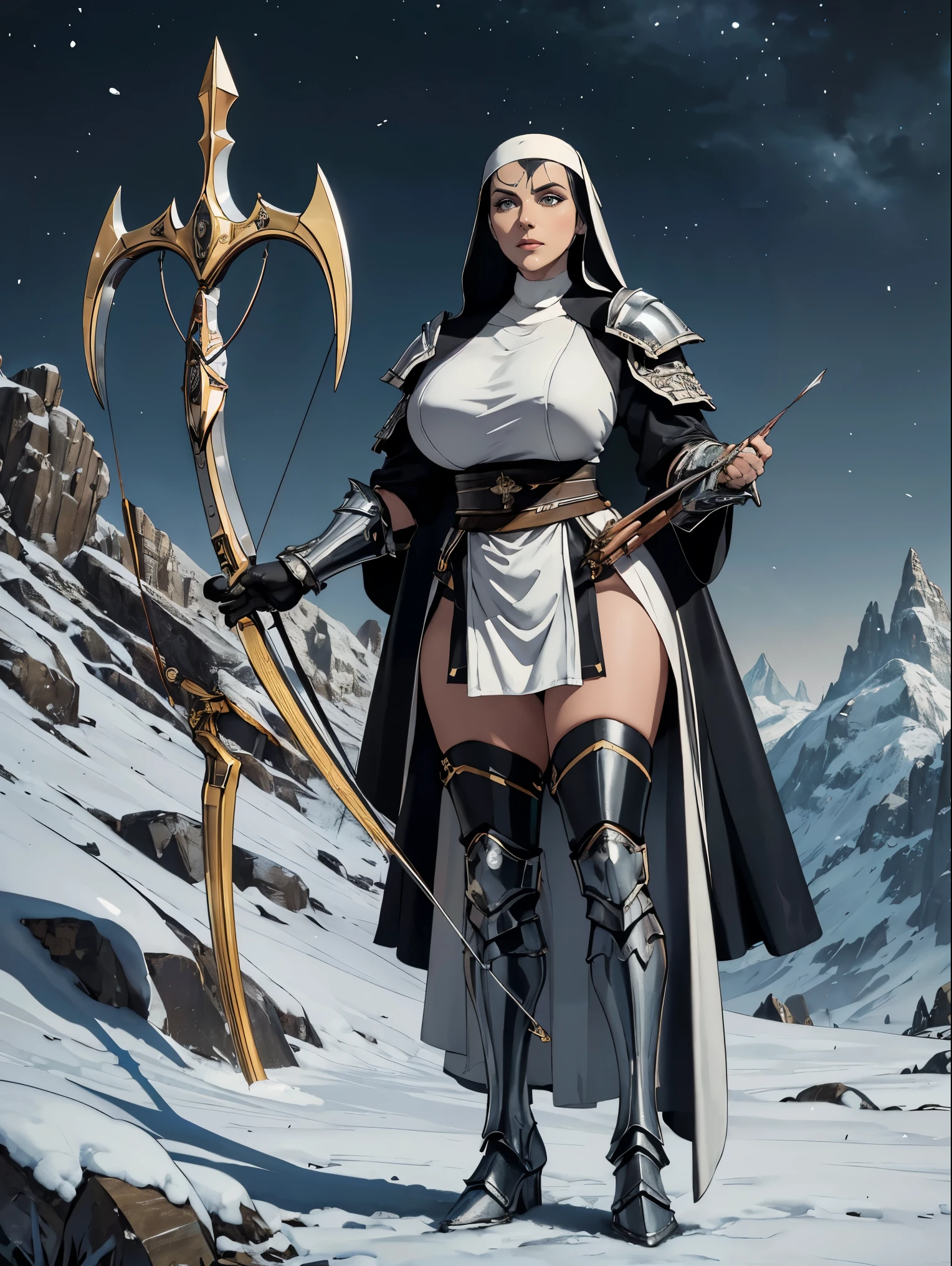 (masterpiece, top quality, best quality, official art, beautiful and aesthetic:1.2), (1girl:1.3), ((Sharp facial features, sharp features, hawkish features)), ((grey eyes)), busty paladin knight girl, extremely detailed, portrait, looking at viewer, solo, (full body:0.6), detailed background, full-body shot, (cold mountain nighttime glacier theme:1.1), holy knight, (nun), charlatan, smirk, mysterious, swaying in mountains, armor, polished metal, gold trim, long boots, white fabric, pelvic curtain, robe, pale leather, ((((nun, crossbow, heavy armor, armored, long legs, robes, prayer scrolls, toned, muscular)))), slim waist, slim hips, long legs, medieval (mountain exterior:1.1) background, dark mysterious lighting, shadows, magical atmosphere, dutch angle