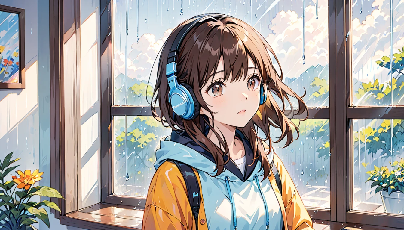 Girl wearing headphones,Brown Hair,1 person,bright,「Rainy day window」