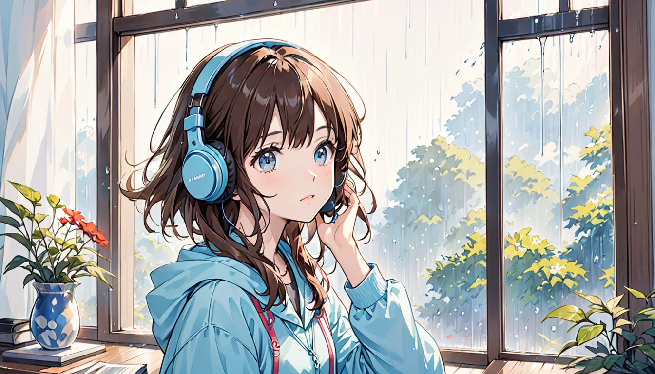 Girl wearing headphones,Brown Hair,1 person,bright,「Rainy day window」