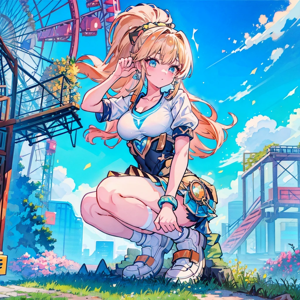 masterpiece　　Unreal Engine　Anime Style　Delicate painting　4K　90's　giant　crowd　 　amusement park　to　amusement parkに立っている巨大な女の子　Ferris wheel　ジェッtoコースター　　crowd　スカーto　Big Breasts　White T-shirt　Summer clothes　Short sleeve　Private Server　sneakers　White socks　watch　Black Hair　　smile　blue sky　cumulonimbus　Contrail　female giant giant girl Whole body 　 Destroyed skyscrapers Destroyed cars Crowd Unreal Engine,cleavage ,a drawing of a , earrings, long hair, 1980s (style) Cute picture　Beauty　Analog style　whole body　sneakers　
