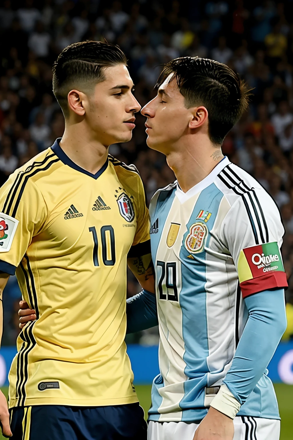 James Rodríguez Colombia team and Lionel Messi Argentina team kissing