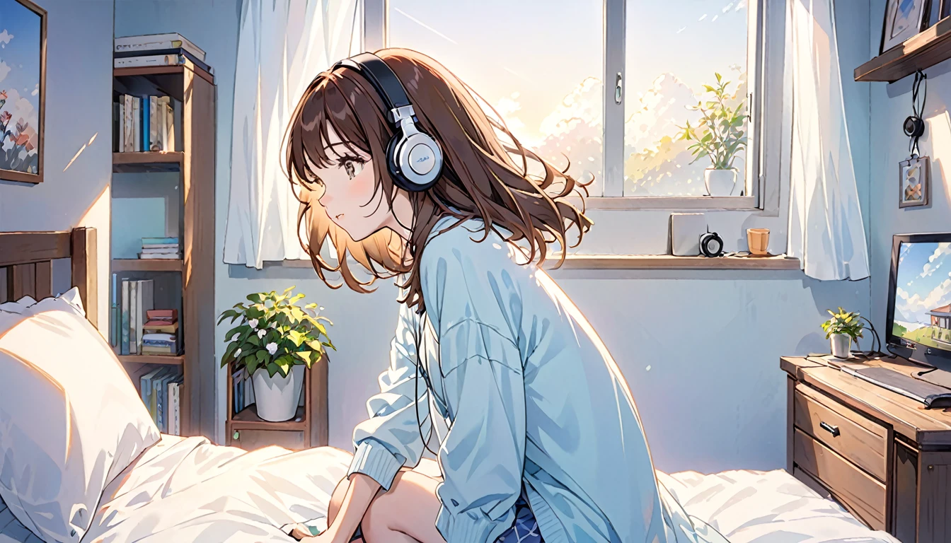 Girl wearing headphones,Brown Hair,1 person,bright,「Gentle morning light」,Bedroom