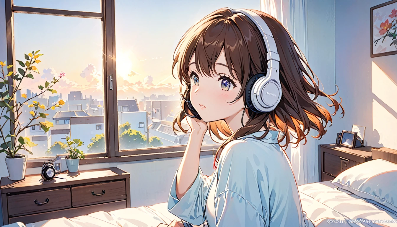 Girl wearing headphones,Brown Hair,1 person,bright,「Gentle morning light」,Bedroom