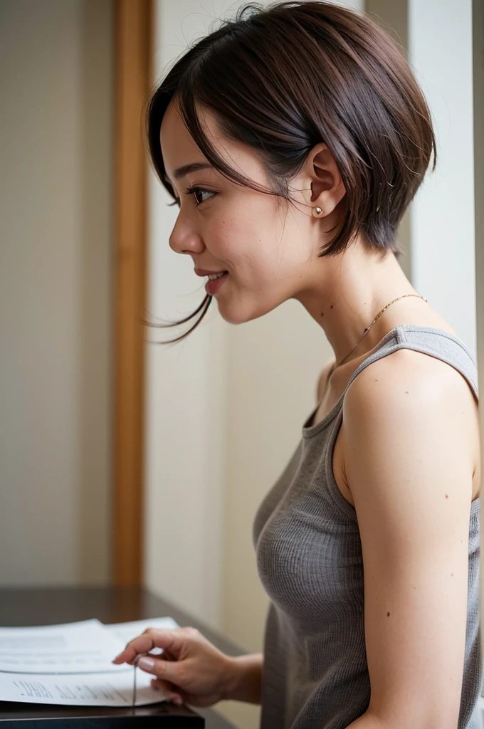 Top quality, 1 beautiful woman, super short Hair, shy Smile, wearing tanktop, Profile, sexy