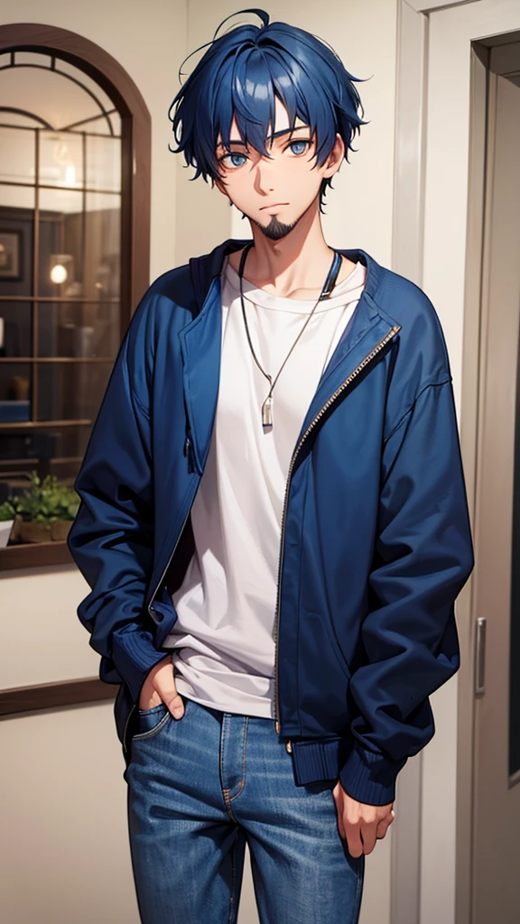 18 year old man, short blue hair, thin, wears a sweatshirt and jeans, he has days of beard