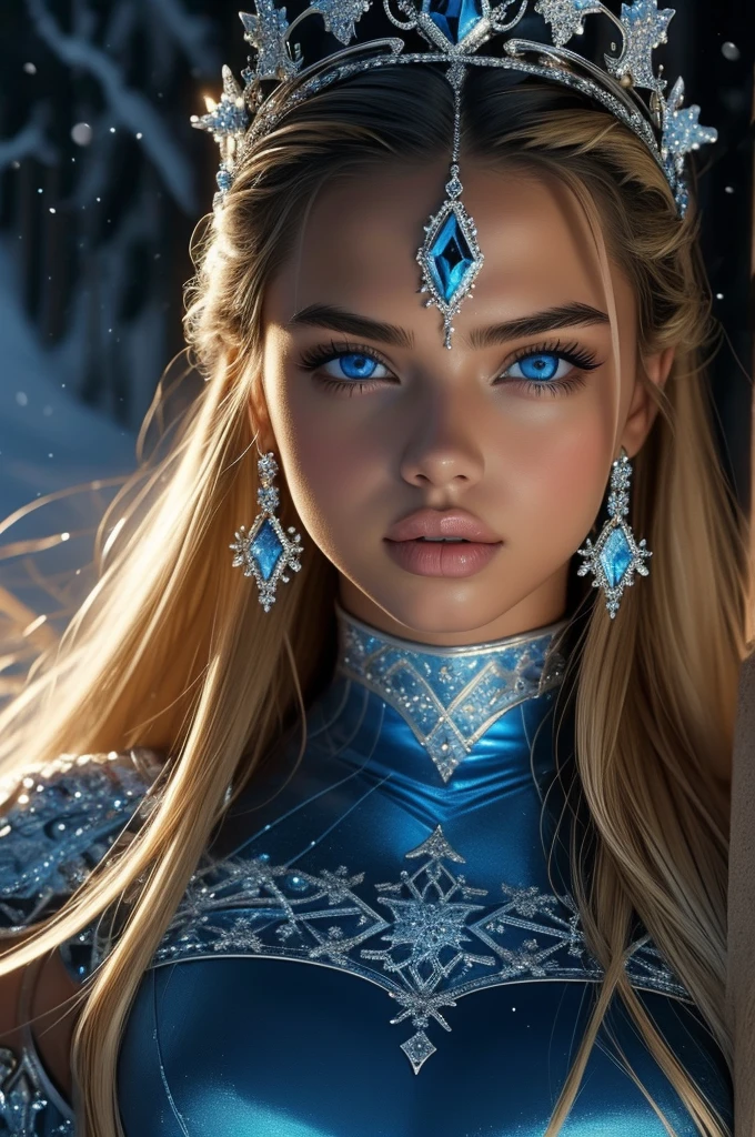 16 year old Adriana Lima, ultra detailed face, ultra detailed blue eyes, long blonde hair, (dress), tiara, winter, (((masterpiece)))