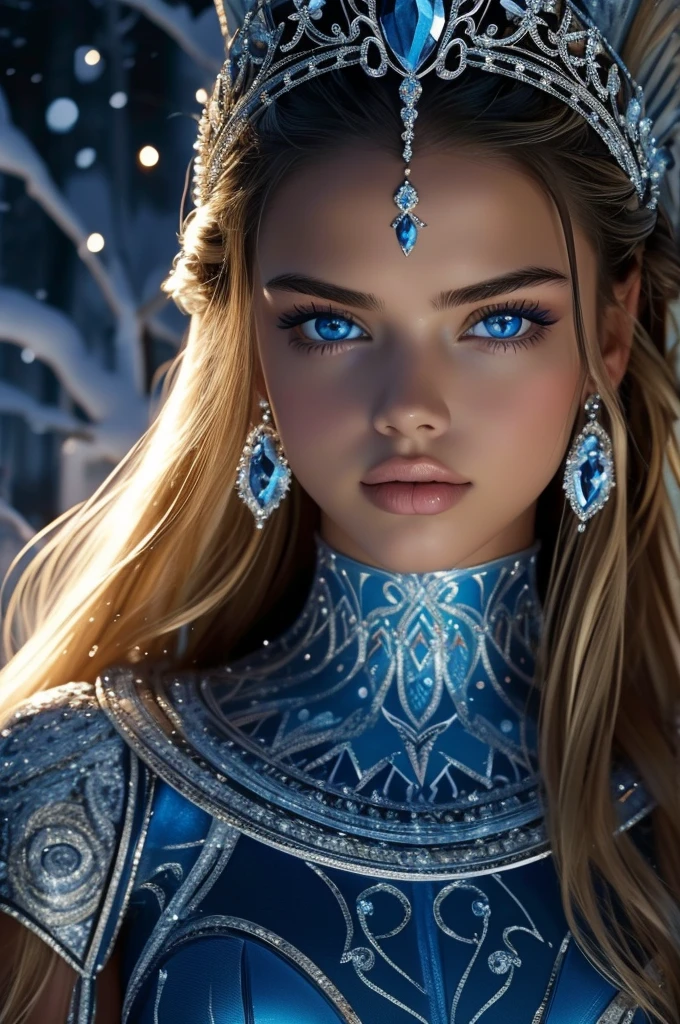 16 year old Adriana Lima, ultra detailed face, ultra detailed blue eyes, long blonde hair, (dress), tiara, winter, (((masterpiece)))