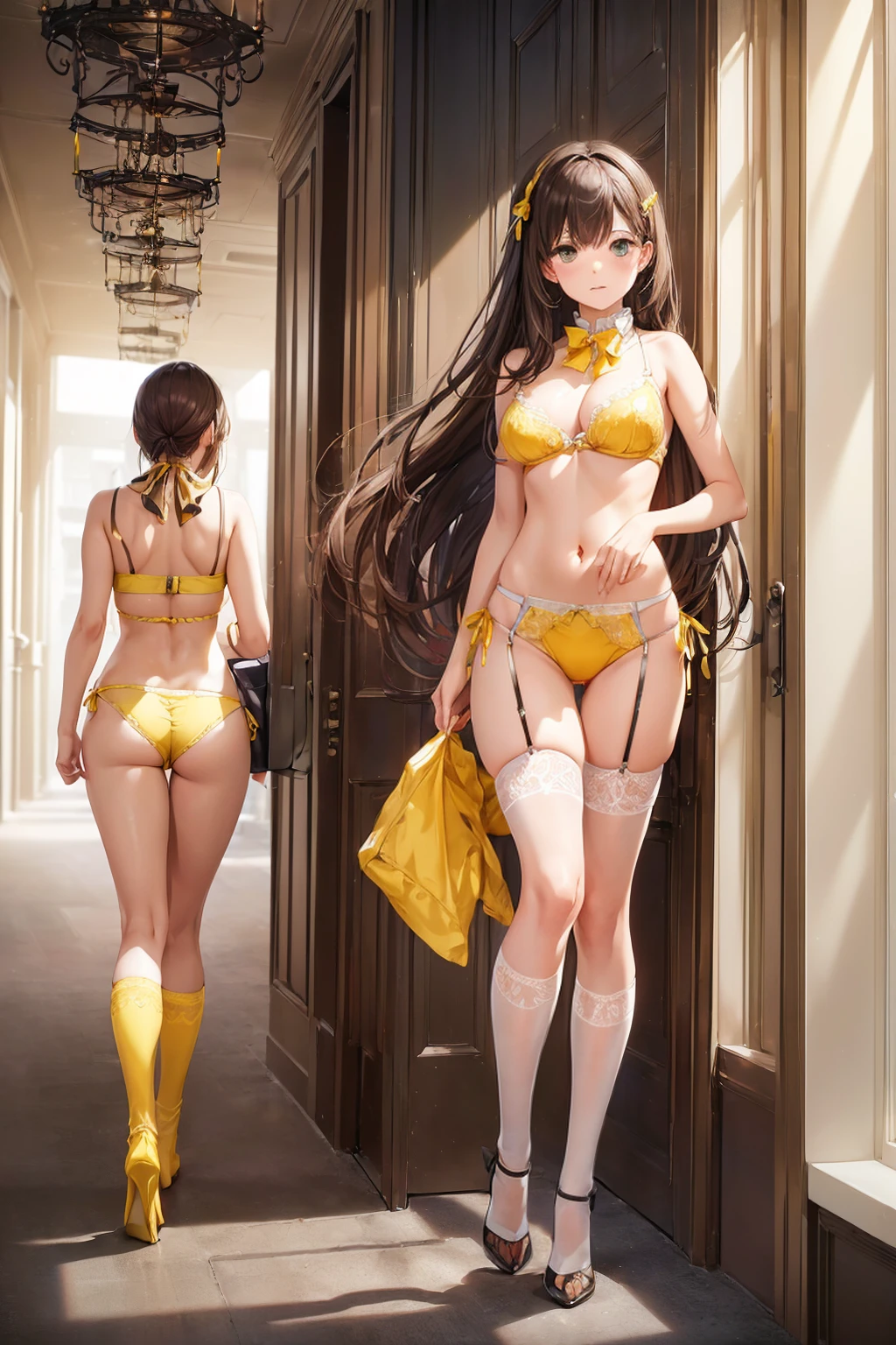 ((一人のWoman in underwearはセクシーに歩いている:1.5)), Beautiful Anime Women, Beautiful art style, Anime characters, ((Smooth texture, Realistic texture, Anime CG Style)), ((Highest quality)), (Very detailed), (Very detailed CG 統合 8k 壁紙), Very detailed, High-resolution RAW color photos, Professional photography, (Brown Hair, Stylish hairstyle:1.1), Great face and eyes, Beautiful and big breasts, Slender body, (Stunningly beautiful woman), (Detailed face:1.2), (Office corridor, There is a window in the hallway:1.4), (Many men in suits are walking in the background:1.5), ((Bow tie around neck:1.3), (Black high heels:1.1), (Sexy and cute yellow underwear:1.3), (Stylish shiny yellow satin panties, Side-tie panties, Panties with plain yellow center and lace decoration on the sides:1.3), (Thin panties:1.3), (Yellow micro lace satin bra, Yellow bra with lace trim, Thin bra:1.3), (lace garter belt, Garter Strings, Knee socks:1.3):1.3), (naked, Woman in underwear, 女性はブラとパンティとKnee socksとガーターベルトだけを着用:1.5), Exact number of arms, Exact number of legs, Perfect Anatomy, (Embarrassed expression, Surprised expression), Angle from the front, Exact finger count、Exact number of legs、(Exact number of arms:1.0, Exact number of hands:1.0), (Perfect hands, Perfect Anatomy)