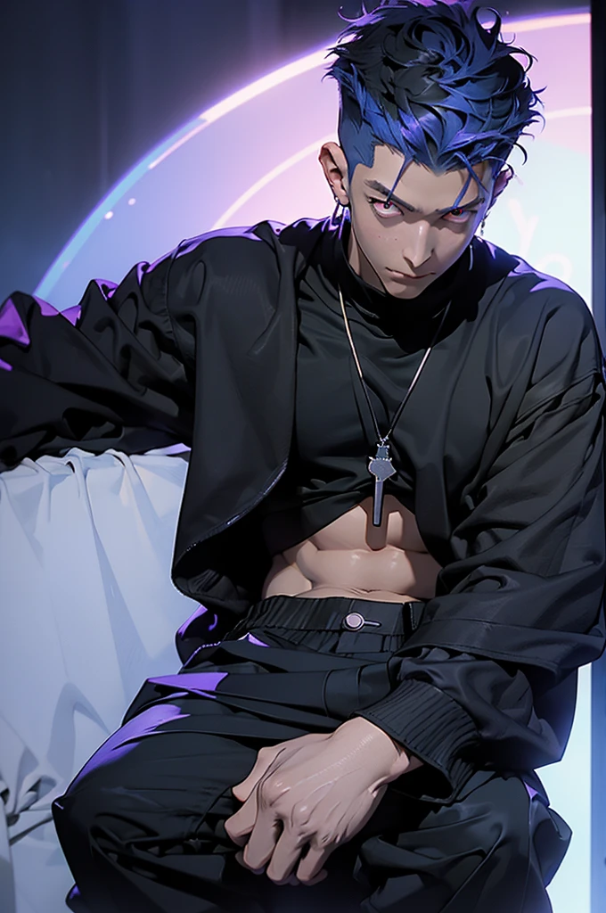 highest quality, 8K, high resolution image, anime style Jujutsu Kaisen, (Gilgamesh | Fate), detailed strokes, bored look, blurry, purple light reflecting from it, (close angle), 1 man, young, male, model, cooler Guy, multicolored background with different geometric shapes, around stickers, muscular, red eyes, dark blue hair, hairstyle, hairstyle: undercut, short hair, blue hair, puffy chest, he is wearing a cool shirt and black sweatpants, hand in pants pocket, golden link chain, background: room, recording studio,
