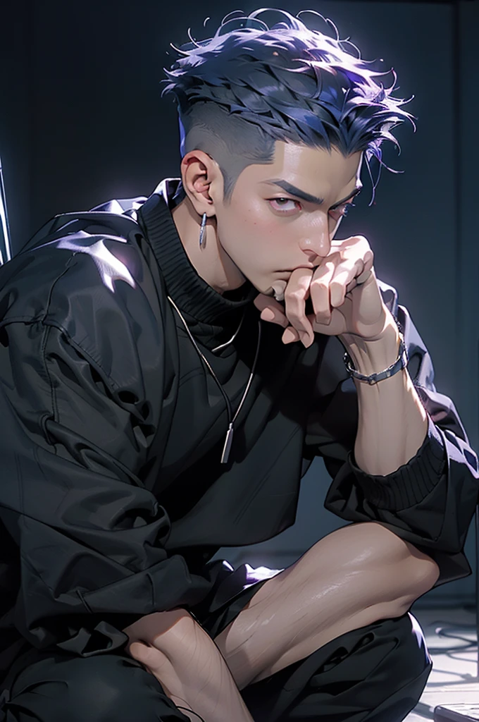 highest quality, 8K, high resolution image, anime style Jujutsu Kaisen, (Gilgamesh | Fate), detailed strokes, bored look, blurry, purple light reflecting from it, (close angle), 1 man, young, male, model, cooler Guy, multicolored background with different geometric shapes, around stickers, muscular, red eyes, dark blue hair, hairstyle, hairstyle: undercut, short hair, blue hair, puffy chest, he is wearing a cool shirt and black sweatpants, hand in pants pocket, golden link chain, background: room, recording studio,