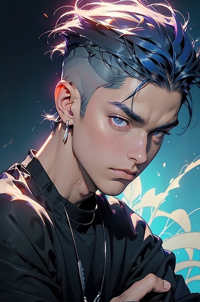 highest quality, 8K, high resolution image, anime style Jujutsu Kaisen, (Gilgamesh | Fate), detailed strokes, bored look, blurry, purple light reflecting from it, (close angle), 1 man, young, male, model, cooler Guy, multicolored background with different geometric shapes, around stickers, muscular, red eyes, dark blue hair, hairstyle, hairstyle: undercut, short hair, blue hair, puffy chest, he is wearing a cool shirt and black sweatpants, hand in pants pocket, golden link chain, background: room, recording studio,