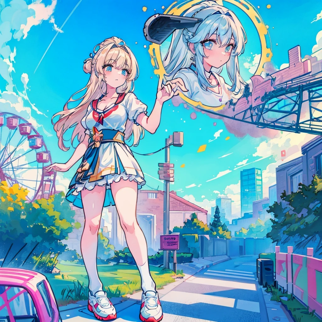 masterpiece　　Unreal Engine　Anime Style　Delicate painting　4K　90's　giant　crowd　 　amusement park　to　amusement parkに立っている巨大な女の子　Ferris wheel　ジェッtoコースター　　crowd　スカーto　Big Breasts　White T-shirt　Summer clothes　Short sleeve　Private Server　sneakers　White socks　watch　Black Hair　　smile　blue sky　cumulonimbus　Contrail　female giant giant girl Whole body 　 Destroyed skyscrapers Destroyed cars Crowd Unreal Engine,cleavage ,a drawing of a , earrings, long hair, 1980s (style) Cute picture　Beauty　Analog style　whole body　sneakers　