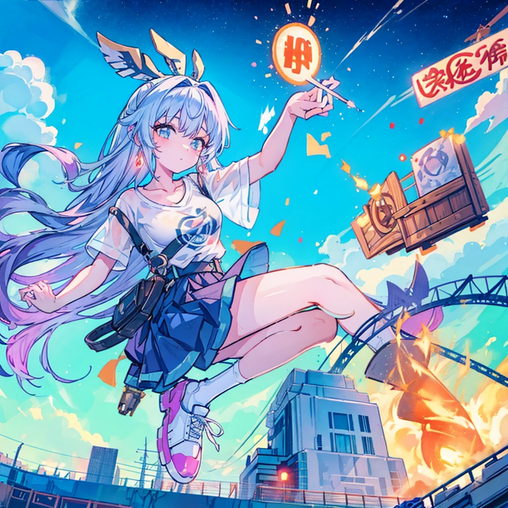 masterpiece　　Unreal Engine　Anime Style　Delicate painting　4K　90's　giant　crowd　 　amusement park　to　amusement parkに立っている巨大な女の子　Ferris wheel　ジェッtoコースター　　crowd　スカーto　Big Breasts　White T-shirt　Summer clothes　Short sleeve　Private Server　sneakers　White socks　watch　Black Hair　　smile　blue sky　cumulonimbus　Contrail　female giant giant girl Whole body 　 Destroyed skyscrapers Destroyed cars Crowd Unreal Engine,cleavage ,a drawing of a , earrings, long hair, 1980s (style) Cute picture　Beauty　Analog style　whole body　sneakers　