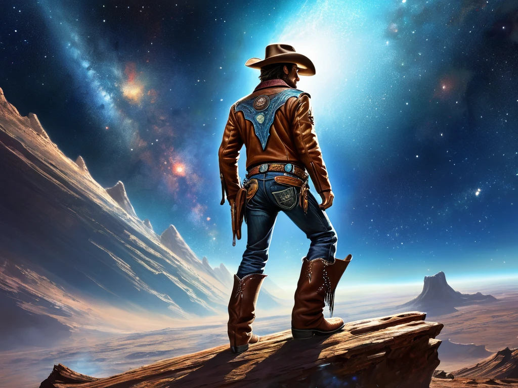A rugged space cowboy, standing on a comet, in a dramatic pose, like riding the comet, in the midst of an intergalactic rodeo. His weathered leather chaps and intricately engraved blaster, while his worn cowboy hat and boots shades his determined profile. This vivid scene is depicted in a stunning digital painting, capturing every detail with striking realism. The space cowboy's steely gaze and confident posture convey a sense of adventure and frontier spirit, drawing viewers into the thrilling world of cosmic exploration and daring feats.